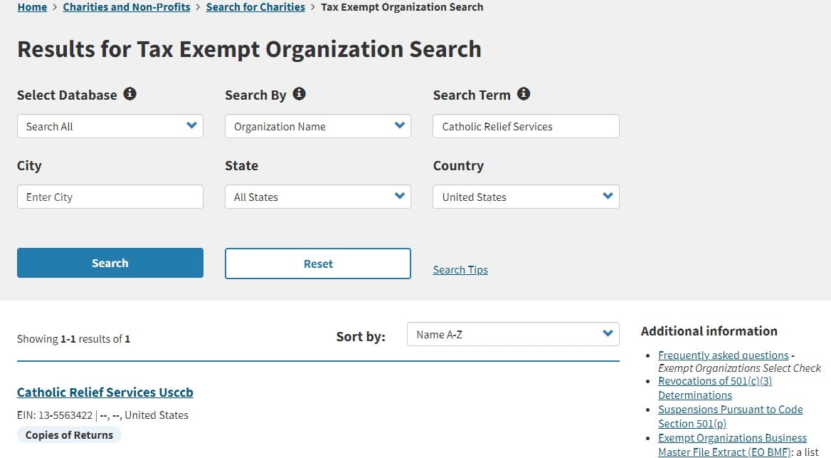 example of 501c3 IRS search