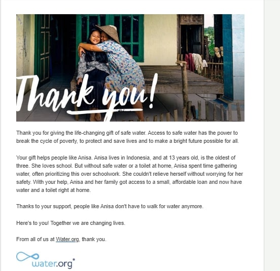 water.org has one of the best thank you letters for donors